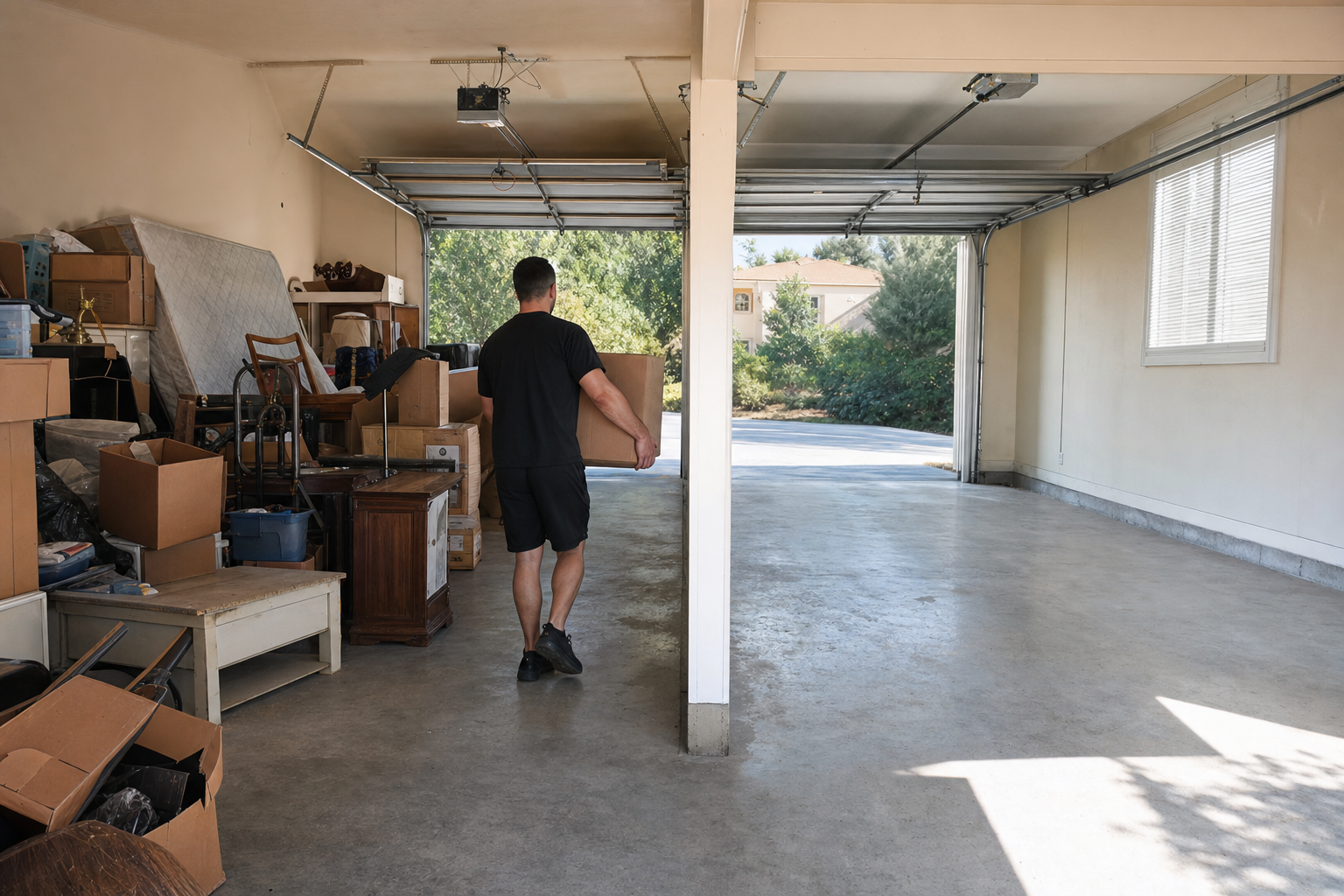 Example garage cleanout: cluttered side and freshly emptied side
