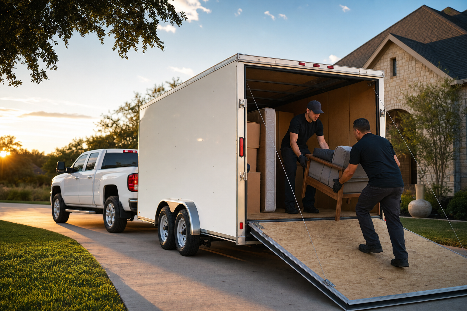 RR Junk and Hauling crew loading furniture and boxes into an enclosed trailer at a Texas home